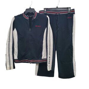 BCBGMaxAzria Women's Y2K Navy White Stripe Embroidered Cropped Tracksuit‎ Sz L